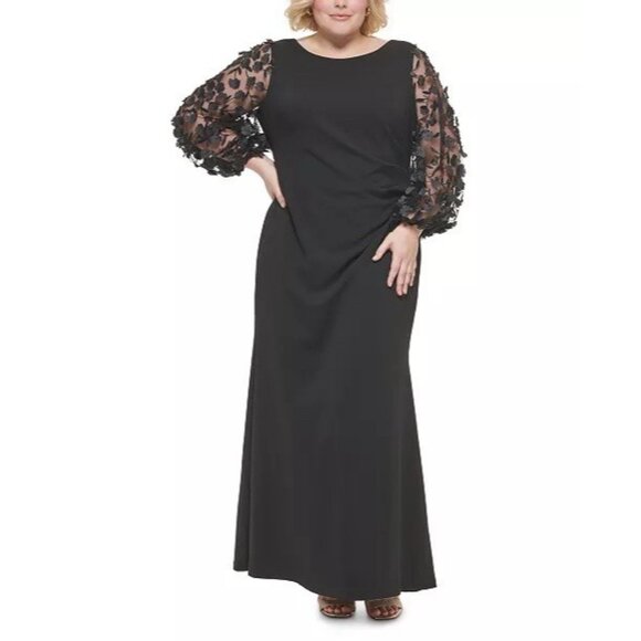NEW ELIZA J Plus Size 16W Black 3D Floral Long Sleeve CREPE Evening Dress GOWN - Picture 1 of 12